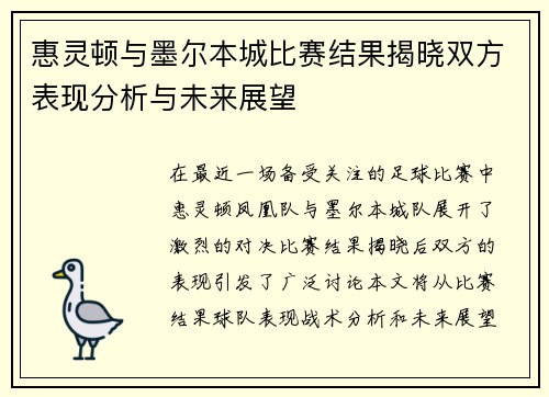 惠灵顿与墨尔本城比赛结果揭晓双方表现分析与未来展望